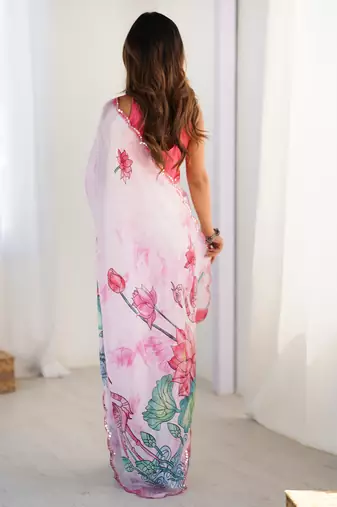 baby pink chinon silk blend print work with mirror work border designer saree