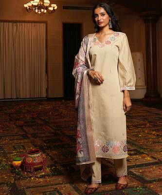 Cream cotton silk embroidered ceremonial salwar suit 1
