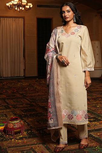 Cream cotton silk embroidered ceremonial salwar suit