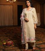 Cream cotton silk embroidered ceremonial salwar suit