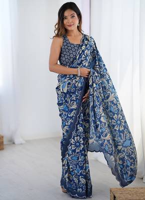 blue chinon silk blend print work with mirror work border designer saree 1