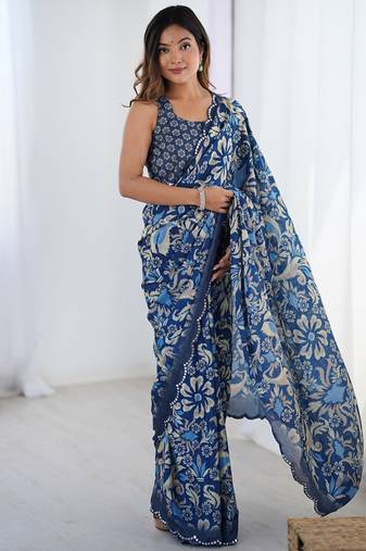 blue chinon silk blend print work with mirror work border designer saree