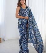 blue chinon silk blend print work with mirror work border designer saree