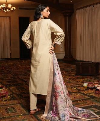 Cream cotton silk embroidered ceremonial salwar suit 2