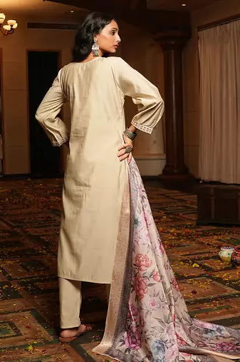 Cream cotton silk embroidered ceremonial salwar suit