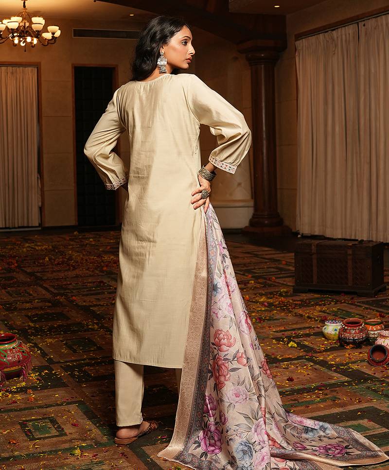 Cream cotton silk embroidered ceremonial salwar suit