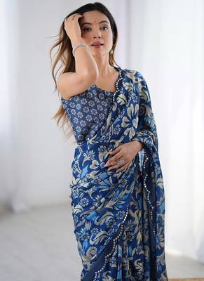 blue chinon silk blend print work with mirror work border designer saree 3