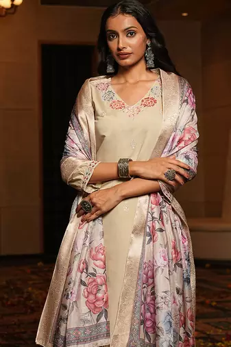 Cream cotton silk embroidered ceremonial salwar suit