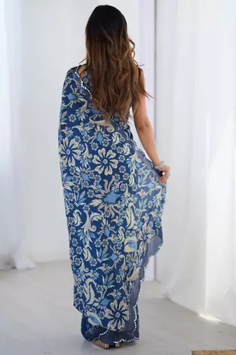 blue chinon silk blend print work with mirror work border designer saree