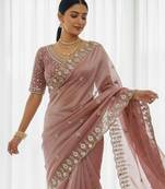 Pink Color Embroidery Work Of Beads & Sequins Work Fendy Satin Silk Blend Saree