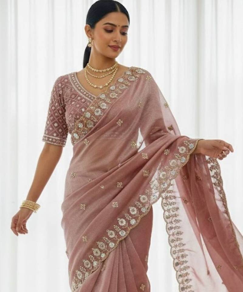 Pink Color Embroidery Work Of Beads & Sequins Work Fendy Satin Silk Blend Saree