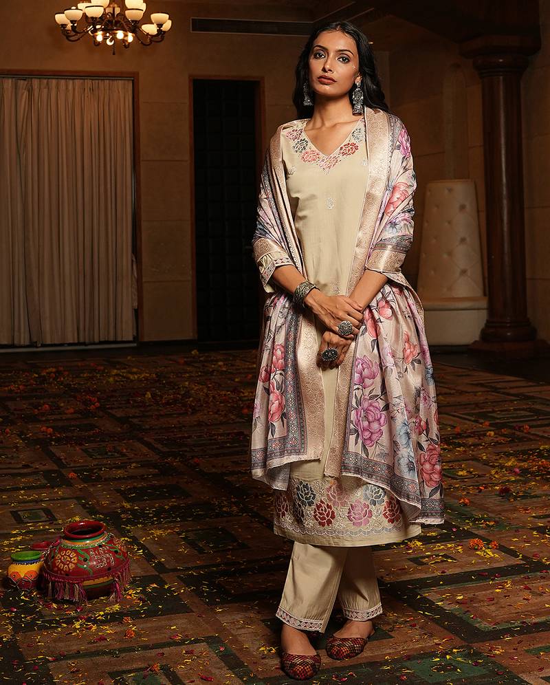 Cream cotton silk embroidered ceremonial salwar suit