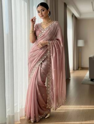 Pink Color Embroidery Work Of Beads & Sequins Work Fendy Satin Silk Blend Saree 2