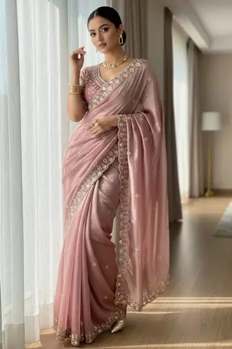 Pink Color Embroidery Work Of Beads & Sequins Work Fendy Satin Silk Blend Saree