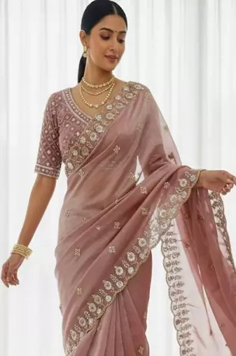 Pink Color Embroidery Work Of Beads & Sequins Work Fendy Satin Silk Blend Saree
