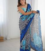 multi color chinon silk blend print work with mirror work border designer saree