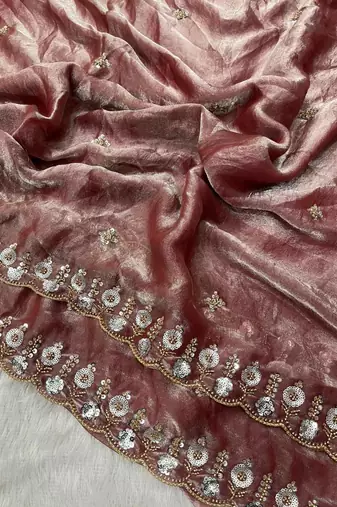 Pink Color Embroidery Work Of Beads & Sequins Work Fendy Satin Silk Blend Saree