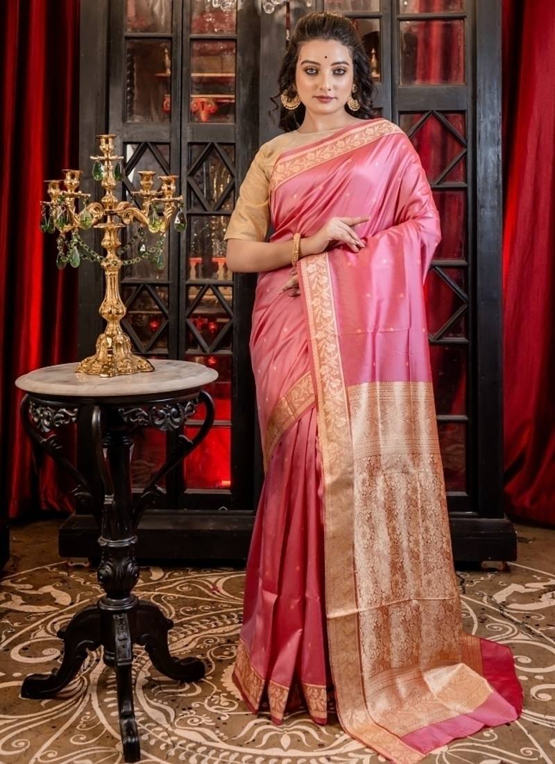 pink woven katan silk blend zari woven all seasons sarees