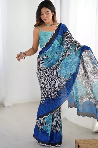 multi color chinon silk blend print work with mirror work border designer saree
