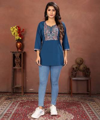 Blue rinkal cotton embroidered formal looking short kurta 1
