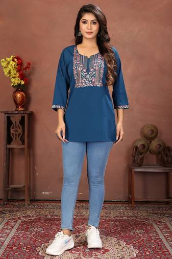 Blue rinkal cotton embroidered formal looking casual short kurta