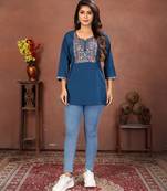 Blue rinkal cotton embroidered formal looking casual short kurta