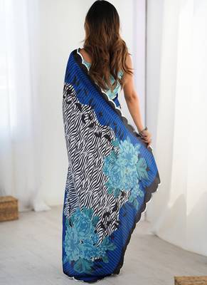 multi color chinon silk blend print work with mirror work border designer saree 4