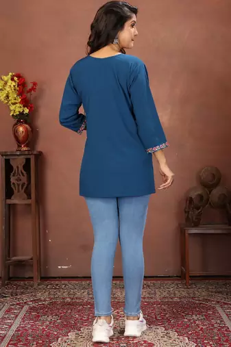 Blue rinkal cotton embroidered formal looking short kurta
