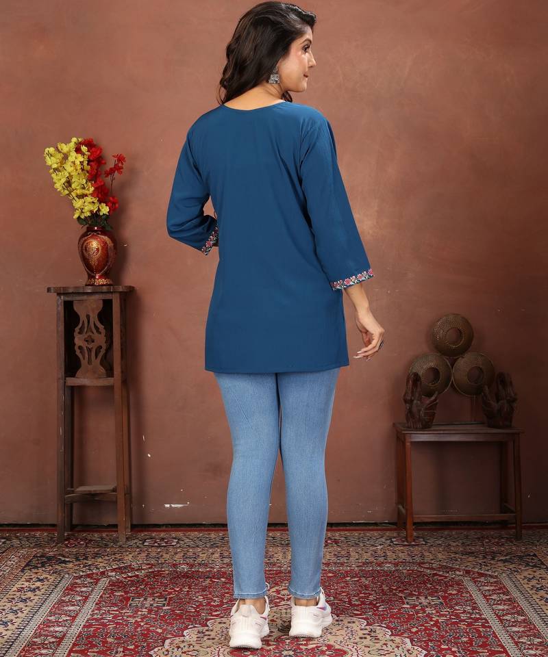 Blue rinkal cotton embroidered formal looking casual short kurta