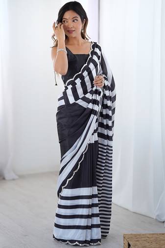 black chinon silk blend print work with mirror work border designer saree