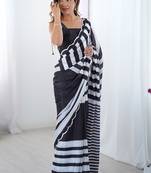 black chinon silk blend print work with mirror work border designer saree