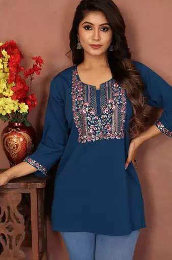 Blue rinkal cotton embroidered formal looking short kurta
