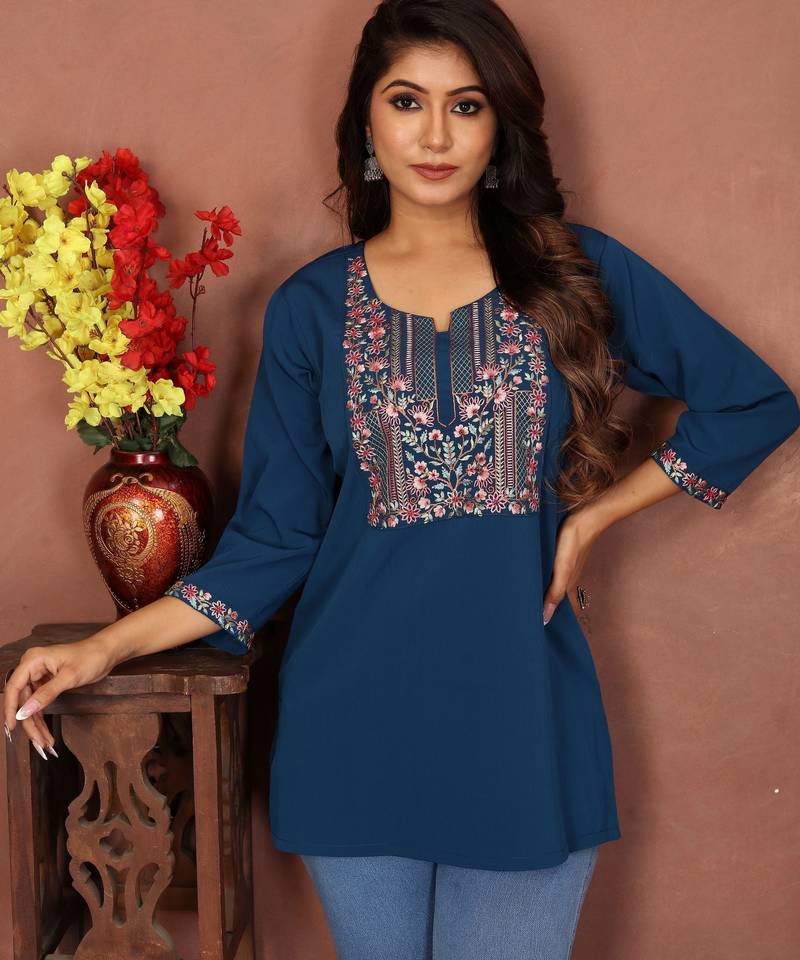 Blue rinkal cotton embroidered formal looking casual short kurta