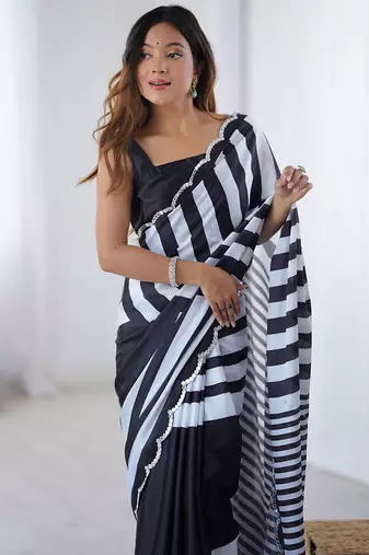 black chinon silk blend print work with mirror work border designer saree