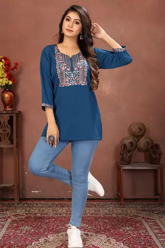 Blue rinkal cotton embroidered formal looking short kurta