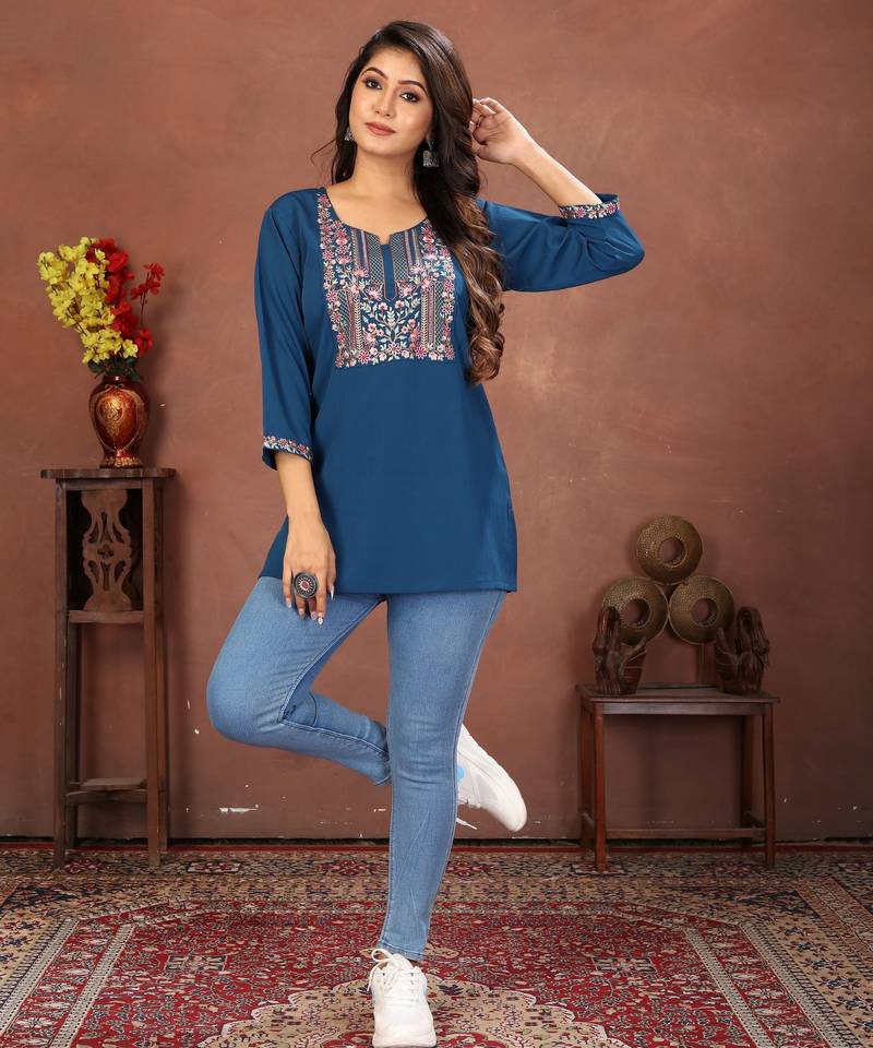 Blue rinkal cotton embroidered formal looking casual short kurta