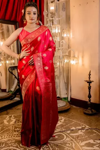 red woven banarasi silk blend zari woven all seasons sarees