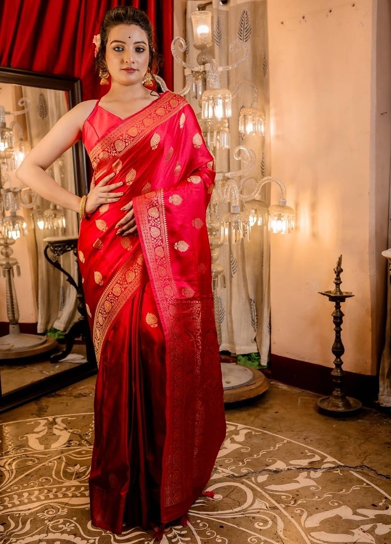 red woven banarasi silk blend zari woven all seasons sarees