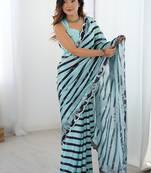 sky blue chinon silk blend print work with mirror work border designer saree