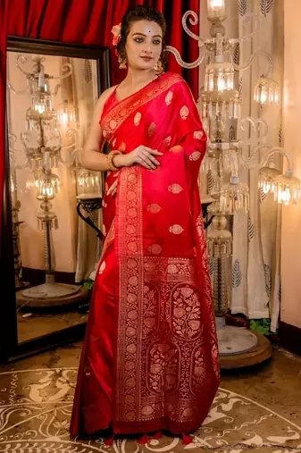 red woven banarasi silk blend zari woven all seasons sarees