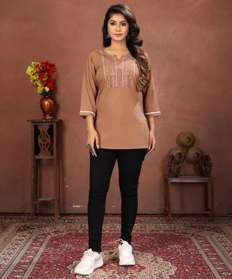 Brown rinkal cotton embroidered formal looking short kurta 1