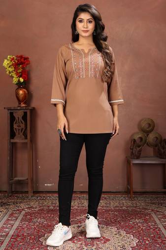 Brown rinkal cotton embroidered formal looking casual short kurta