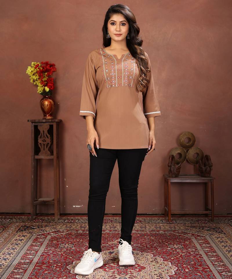 Brown rinkal cotton embroidered formal looking casual short kurta