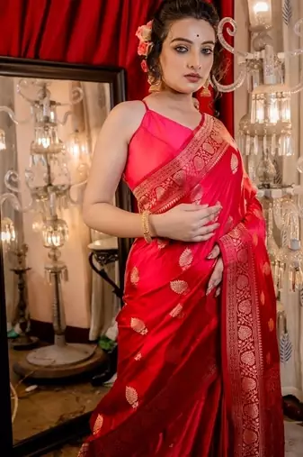 red woven banarasi silk blend zari woven all seasons sarees