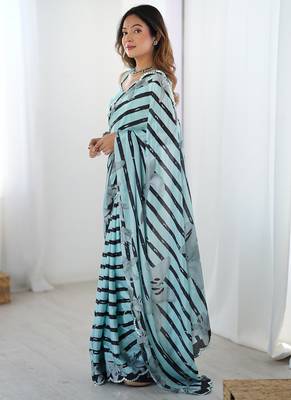 sky blue chinon silk blend print work with mirror work border designer saree 4
