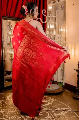 red woven banarasi silk blend zari woven all seasons sarees