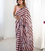 peach chinon silk blend print work with mirror work border designer saree