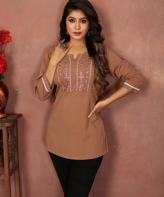 Brown rinkal cotton embroidered formal looking short kurta 4