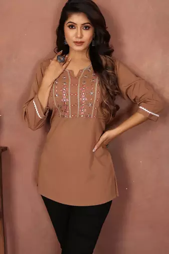 Brown rinkal cotton embroidered formal looking short kurta