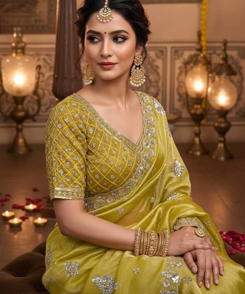 Yellow Color Embroidery Work Of Beads & Sequins Work Fendy Satin Silk Blend Saree